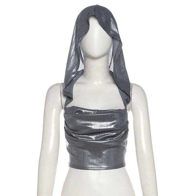 Hoodie metallic backless lace up crop top