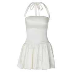 Halter ruched knotted solid mini dress