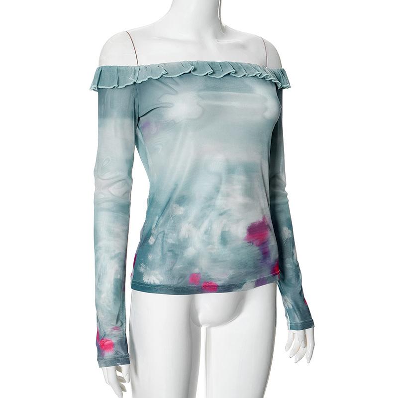 Long sleeve off shoulder tie dye ruffle sheer mesh top