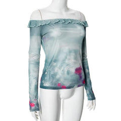 Long sleeve off shoulder tie dye ruffle sheer mesh top