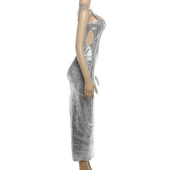 Glitter square neck hollow out metallic midi dress