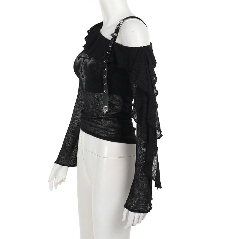 Off shoulder long sleeve ruffle cross pattern buckle top