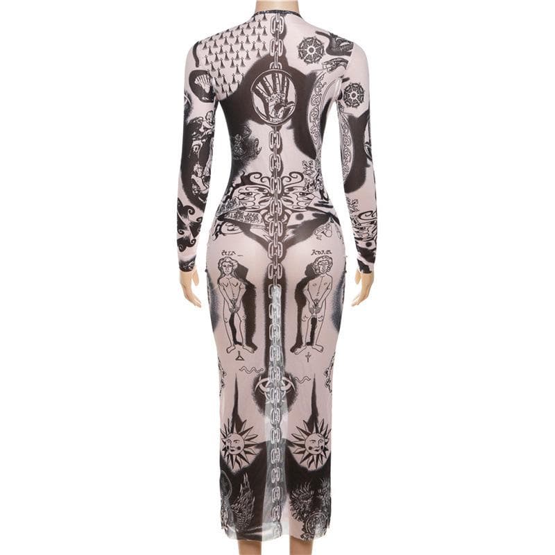 Sheer mesh abstract contrast see through long sleeve maxi dress  | samba dress