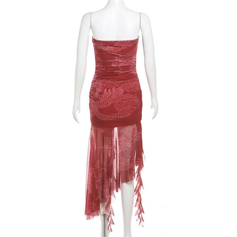 Ruched mesh loong print ruffle tube midi dress  | red tango dress