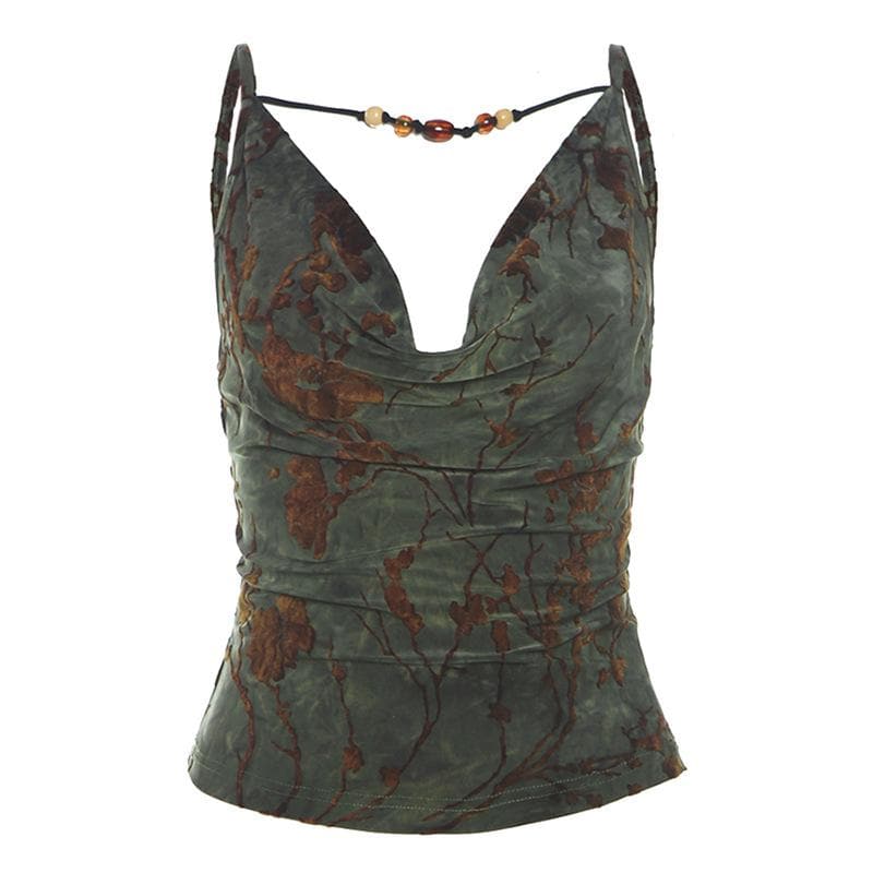 Cowl neck beaded velvet backless cami top
