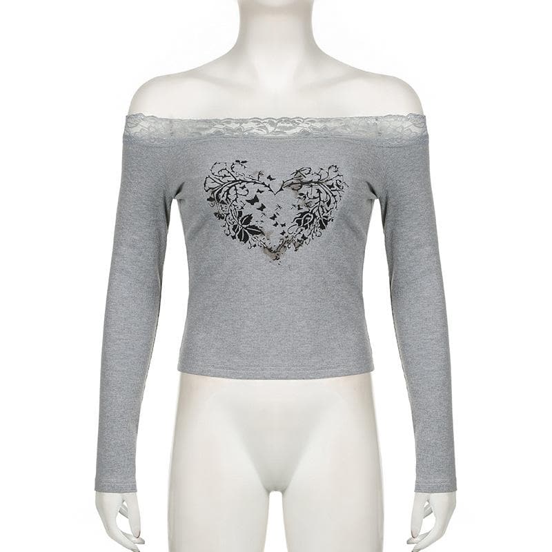 Long sleeve off shoulder ribbed heart pattern lace hem top