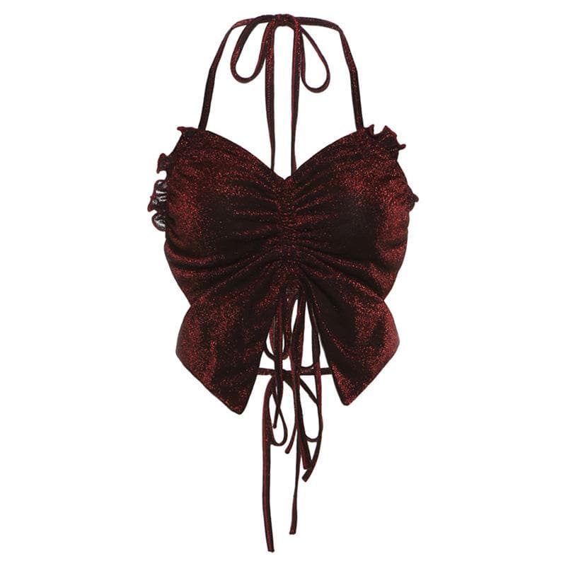 Halter ruched drawstring glitter cami top