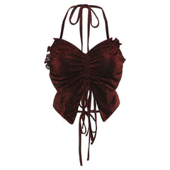 Halter ruched drawstring glitter cami top