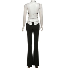 Halter hollow out solid backless pant set