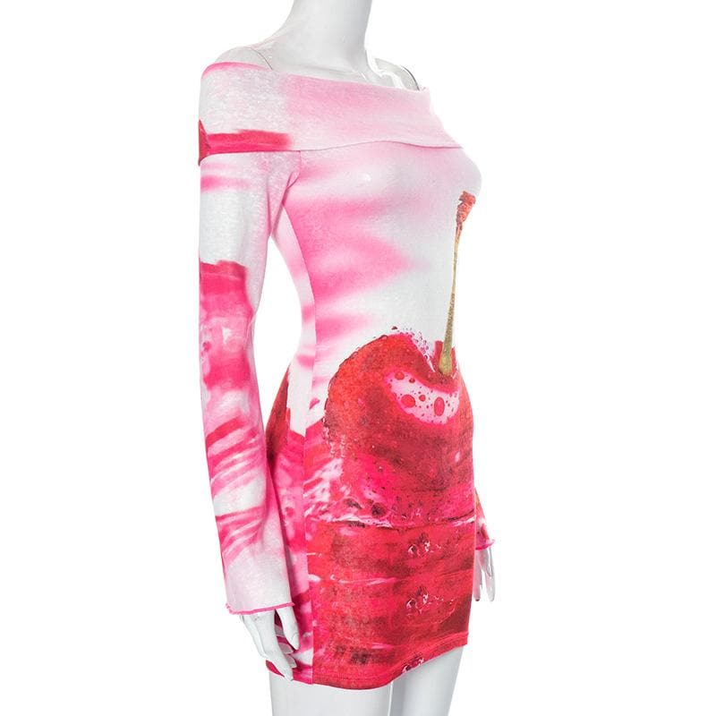Cherry pattern contrast off shoulder long sleeve mini dress  | red tango dress