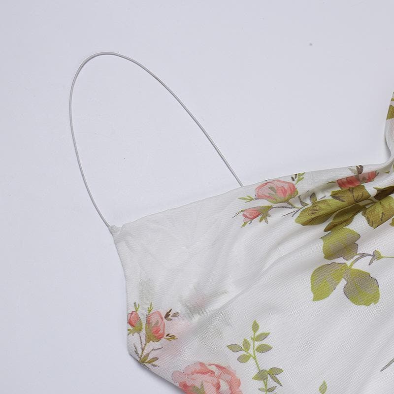 Cowl neck sheer mesh flower print ruffle cami mini dress  | samba dress