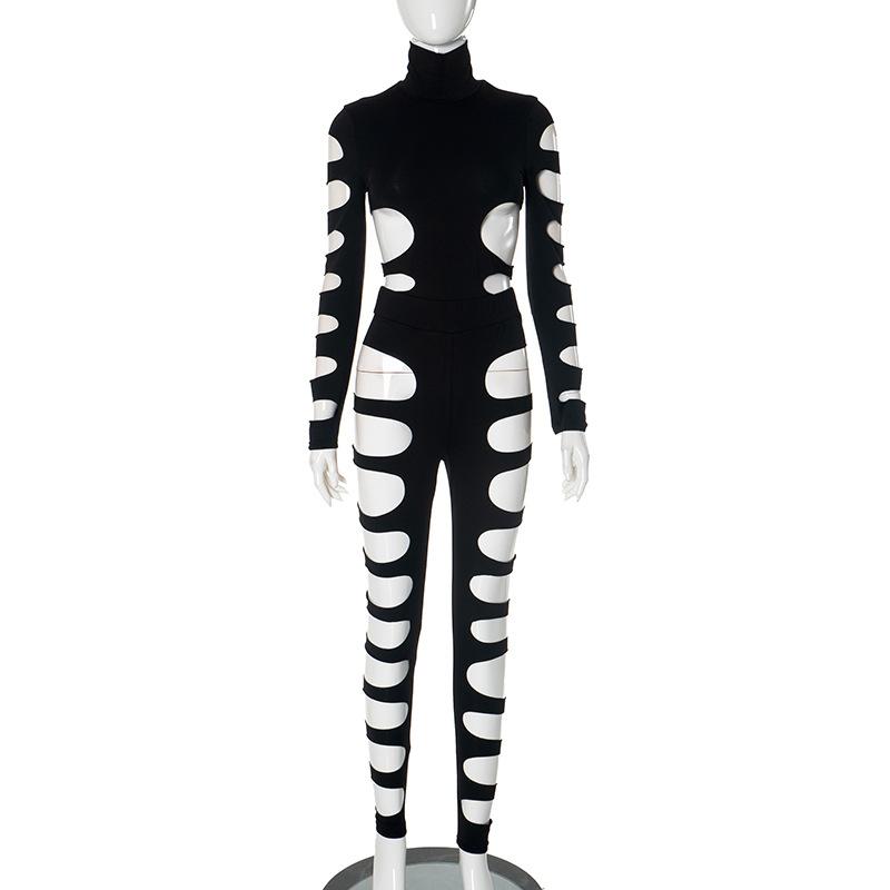 High neck long sleeve hollow out pant set