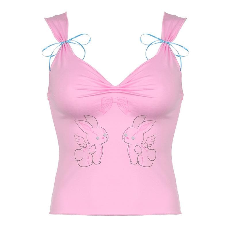 Bowknot rabbit print ruched v neck cami top