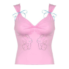 Bowknot rabbit print ruched v neck cami top