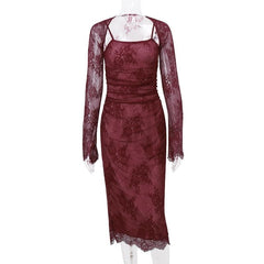 Long sleeve lace up shrug 2 piece cami midi dress  | red tango dress