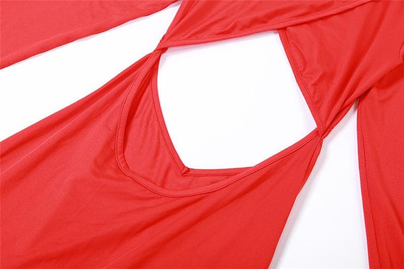 Hollow out solid long sleeve high neck zip-up maxi dress  | red tango dress