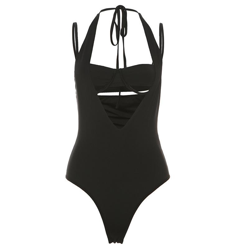 Halter v neck hollow out 2 piece cami bodysuit