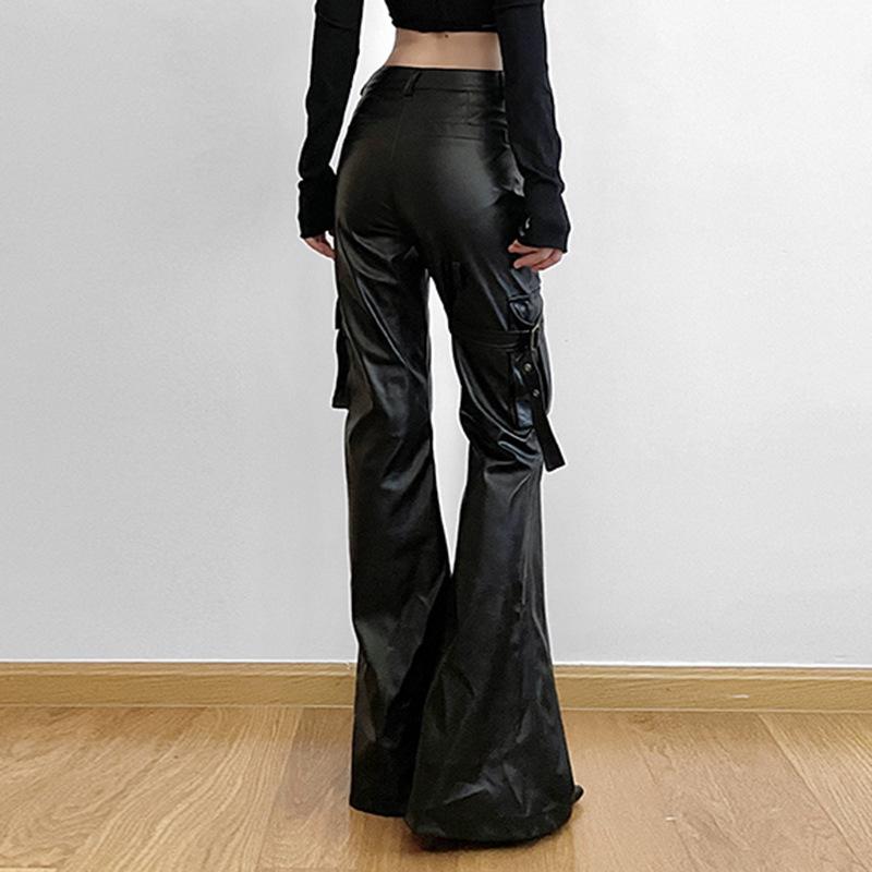 PU leather buckle pocket high rise pant