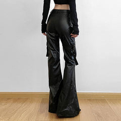 PU leather buckle pocket high rise pant