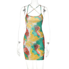 Tie dye lace up backless cami mini dress
