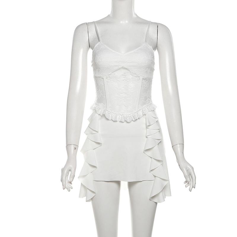 V neck ruffle lace patchwork cami mini dress