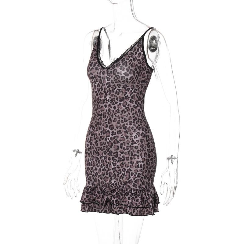 V neck leopard print lace hem ruffle cami mini dress