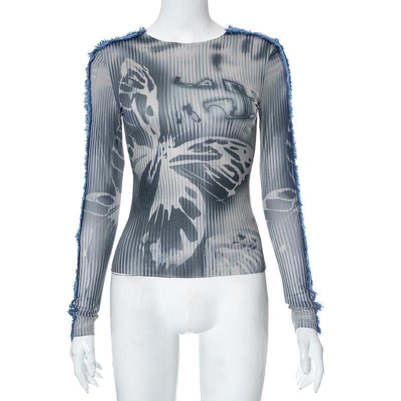 Denim patchwork tassels contrast long sleeve top