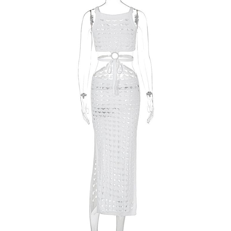U neck knitted o ring see through tank midi dress