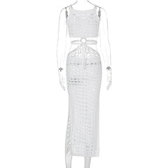U neck knitted o ring see through tank midi dress