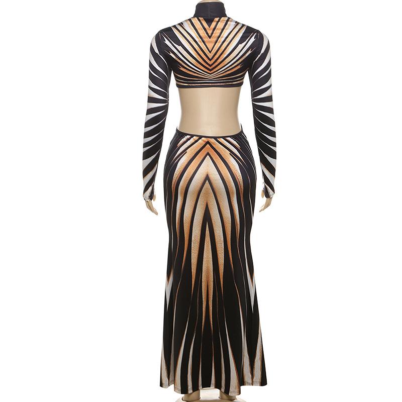 High neck long sleeve hollow out print contrast maxi dress