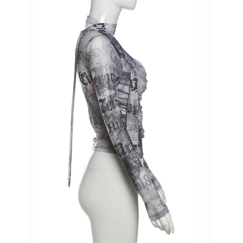 Cowl neck long sleeve mesh abstract print top