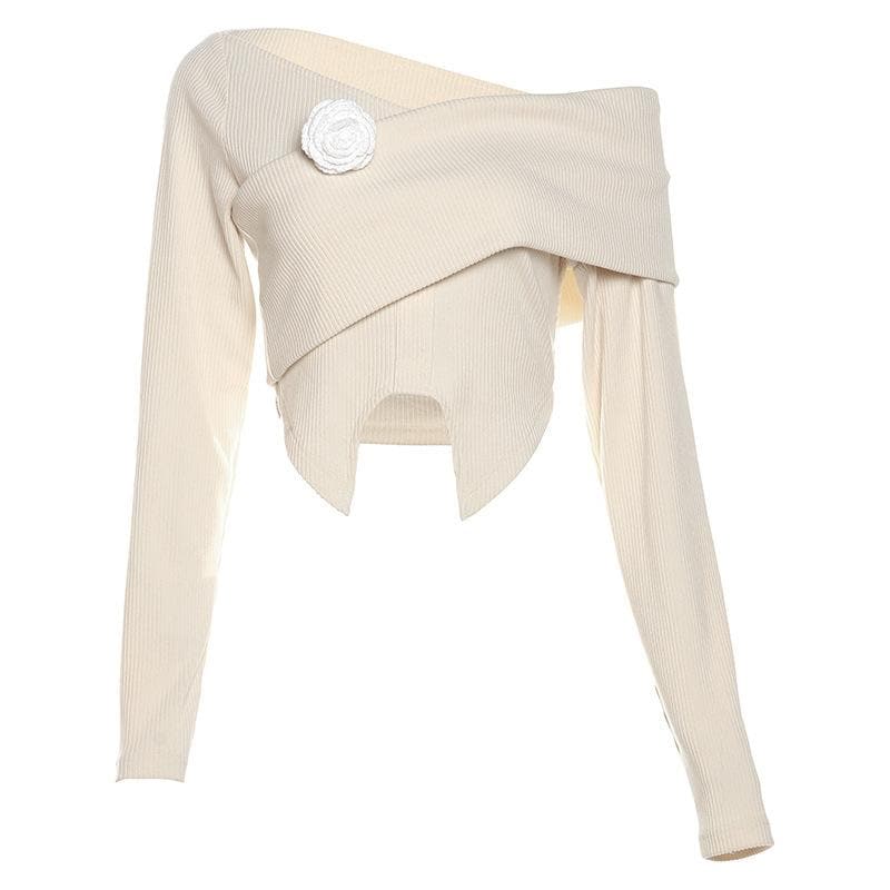 Long sleeve one shoulder flower applique ribbed crop top