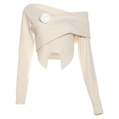 Long sleeve one shoulder flower applique ribbed crop top