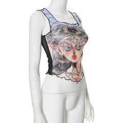 Ruffle print sheer mesh square neck tank top