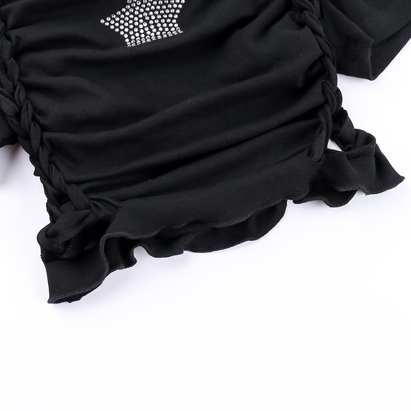 Short sleeve crewneck beaded hollow out top
