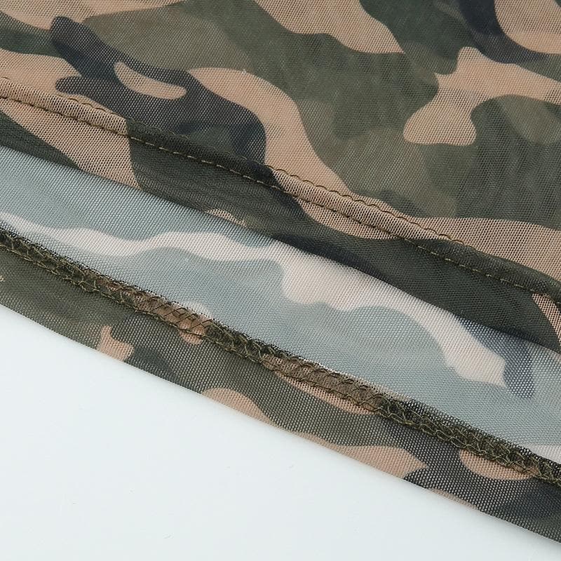 Sheer mesh drawstring long sleeve camouflage hoodie smock