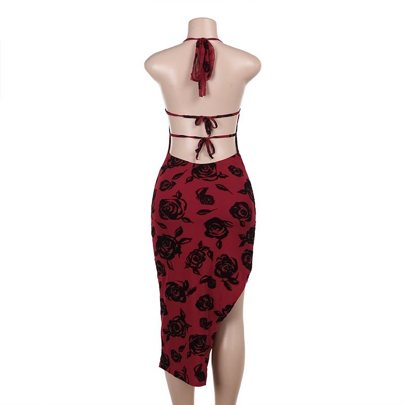 Halter v neck slit backless mesh self tie midi dress  | red tango dress