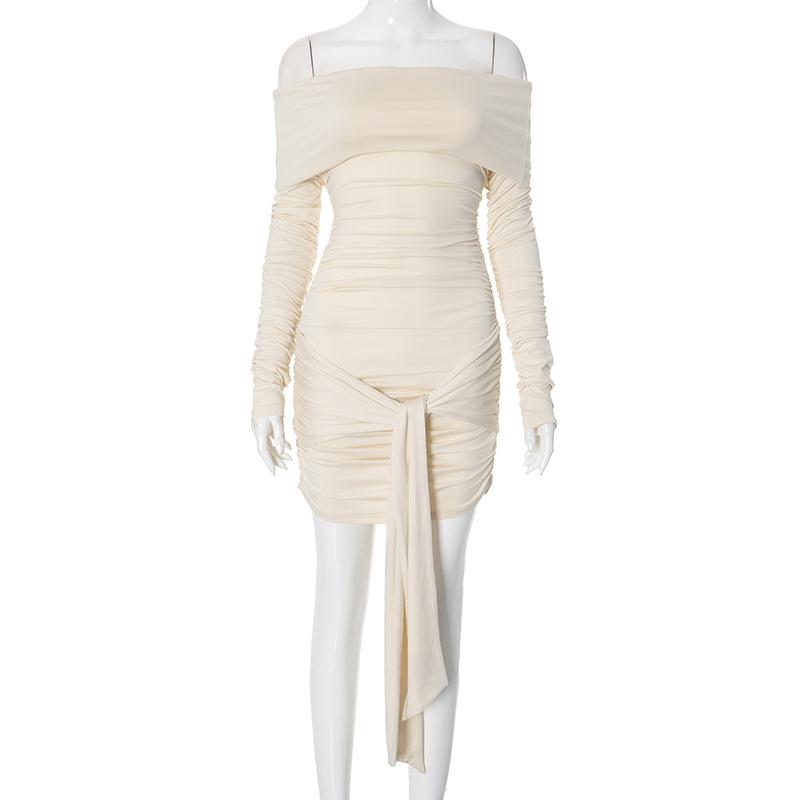 Long sleeve off shoulder ruched knotted mini dress
