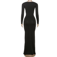 Long sleeve u neck hollow out maxi dress