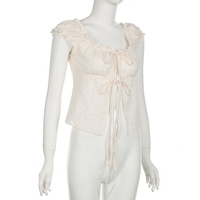 U neck puff sleeve textured ruffle top