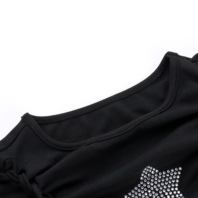 Short sleeve crewneck beaded hollow out top