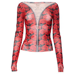 Long sleeve round neck rose print sheer mesh top