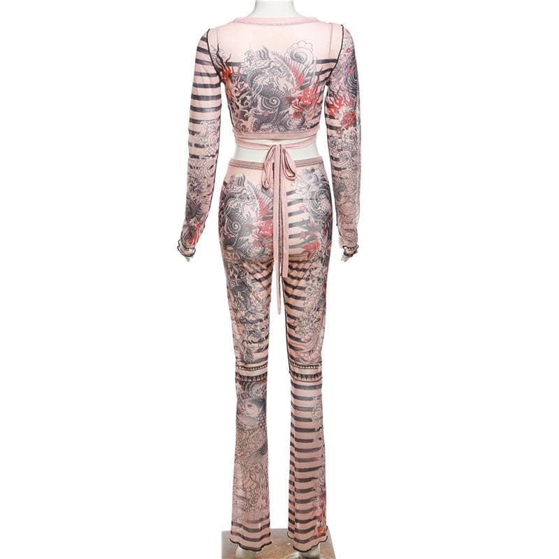 Sheer mesh striped contrast long sleeve self tie pant set