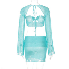 Long sleeve hollow out shrug 3 piece mini skirt set