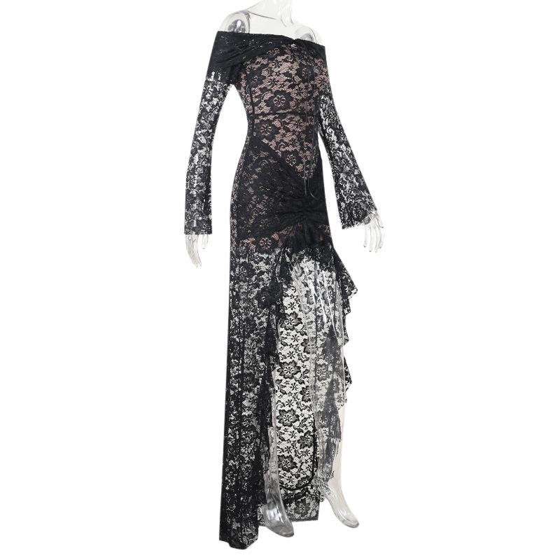 Off shoulder long sleeve lace ruched maxi dress