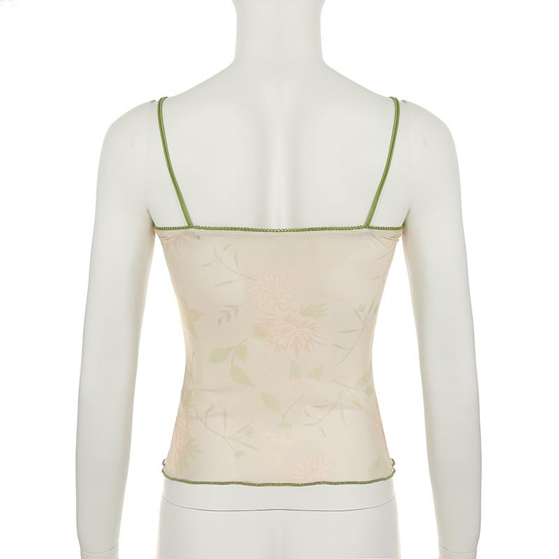 V neck flower print bowknot mesh cami top