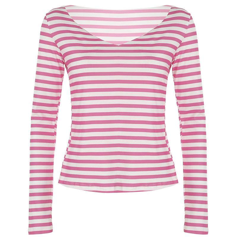 V neck long sleeve striped top