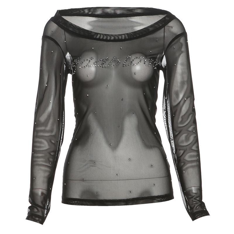Off shoulder long sleeve beaded sheer mesh solid top