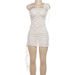 Lace see through one shoulder ruffle knotted ruched mini dress