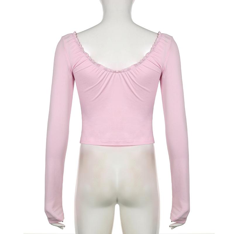Long sleeve bowknot sweetheart neck ruffle top